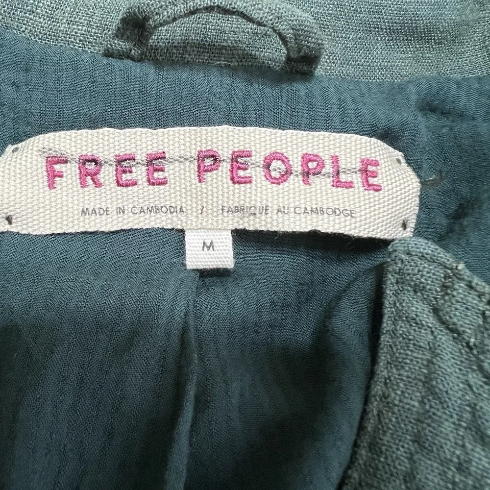 Free People Medium Billy Saddle Linen Blend Button Up‎ Green Crop Jacket Pockets